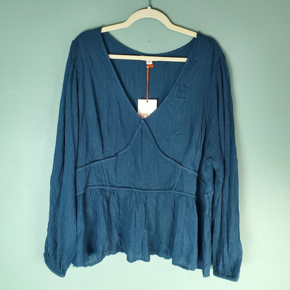 Knox Rose Women's Dark Teal Peplum Puff Sleeve Blouse Top Size 2X